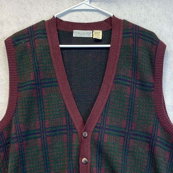 Vtg COLLECTIF Men’s Sweater Vest Wool Blend Button Front Plaid Burgundy Green L - Picture 1 of 11
